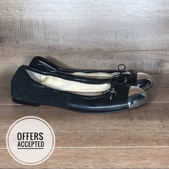 Sam Edelman Black Ballet Flats Womens 7.5 M Chrome Cap Toe Slip‎ On Casual - Picture 2 of 14